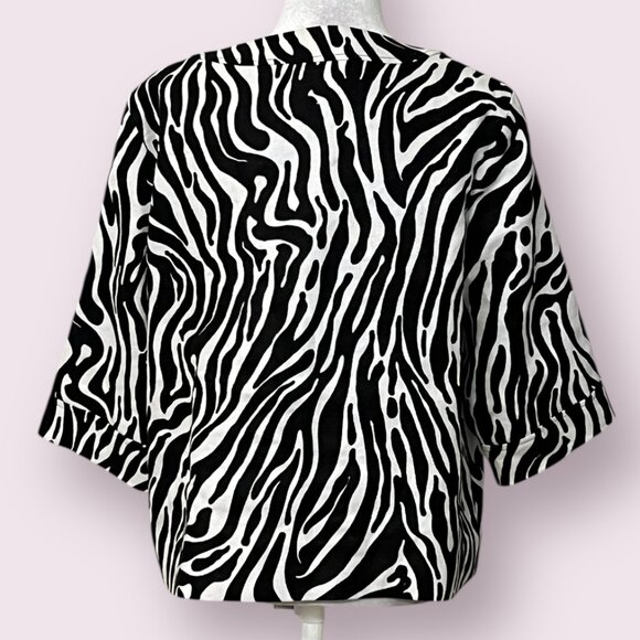 Carole Little Bebra Print Linen Jacket XL Black White Button Front Boxy Retro - Picture 2 of 8